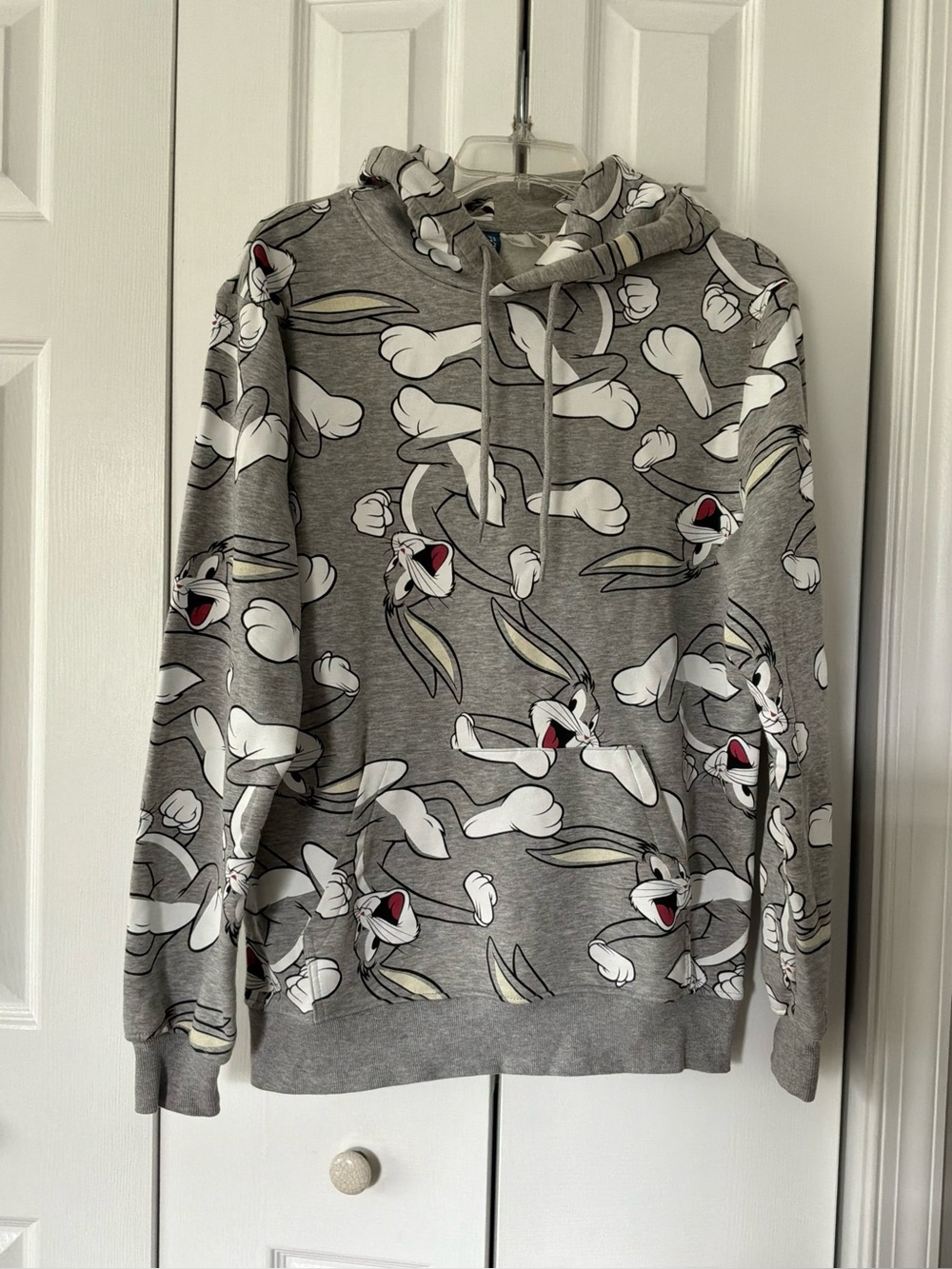 Looney Tunes Bugs Bunny Grey Hoodie H&M Divided All-Over Print Unisex NWOT SMALL